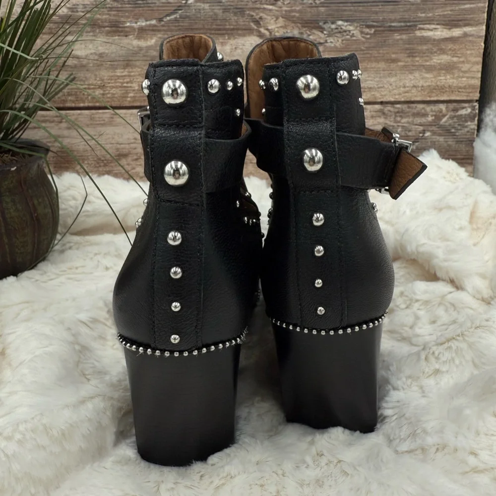 Antonio Melani Black Leather Block Heel Studded Ankle Boots with Buckle closure - Picture 15 of 16